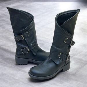 Coolway Alida Moto Boots Womens 39 EU/8-8.5 US Black Leather Biker Buckle Spain